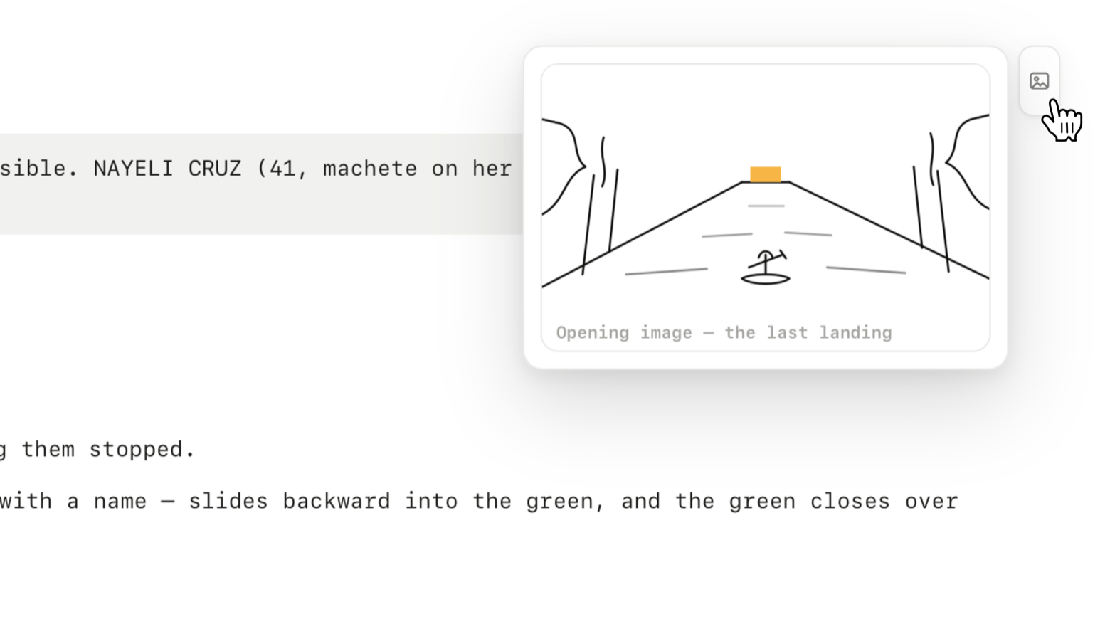 The screenplay editor with a linked storyboard frame open beside the scene it illustrates, opened from the small tab at the edge of the block.